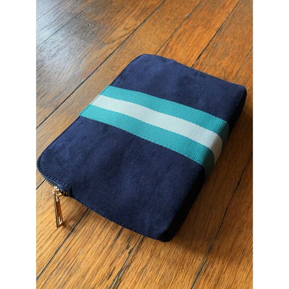 Retro Navy Blue Faux Suede Striped Zip Pouch/Clutch (NWOT) - Picture 1 of 9